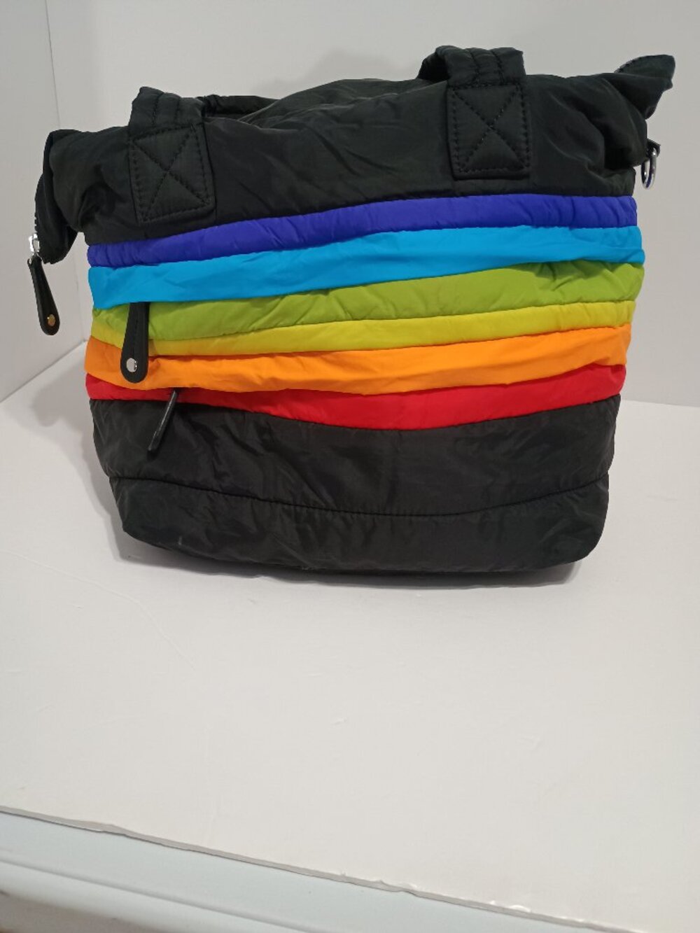 Sondra Roberts Squared Rainbow Puffer Tote Black Nylon Quilted Bag - Picture 3 of 12